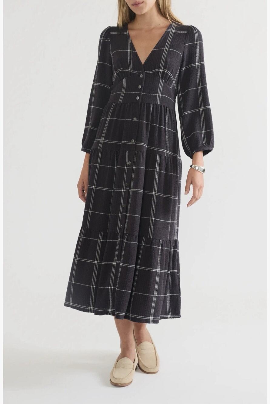 MARINE LAYER Maeve Maxi Shirt Dress in Black and White Plaid Sz S Tiered